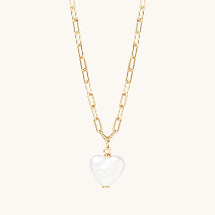 Pearl Heart Paperclip Necklace Gold